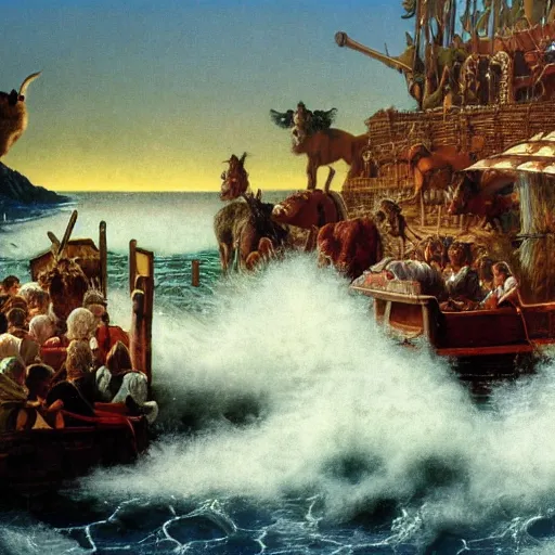 Image similar to an extremely detailed matte painting of the animals leaving noah's ark, 4 k, noah's ark, antediluvian, by bob ross and norman rockwell