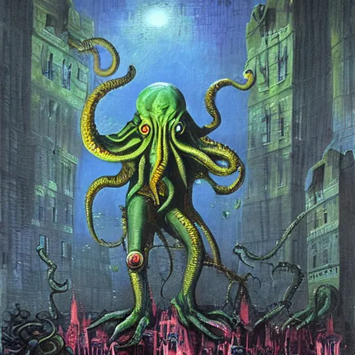 Prompt: Cthulhu with a human body walks through the streets of London and spreads insanity. Creator is Paul Lehr