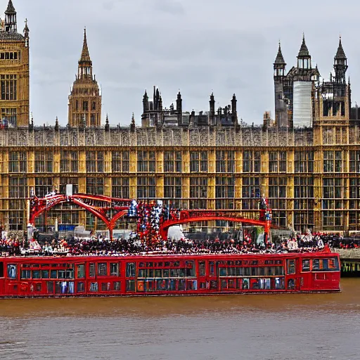 Image similar to the houses of parliament in london decorated for king charles ii's coronation, london