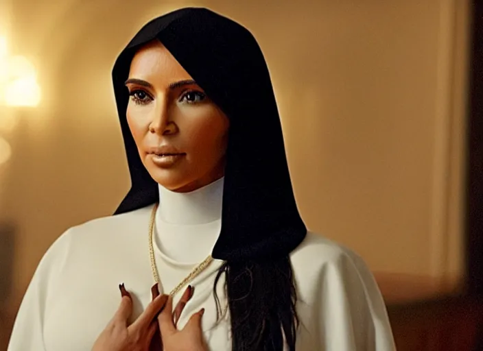 Image similar to a movie still of kim kardashian as a nun with her bust slightly showing. backround : church interior