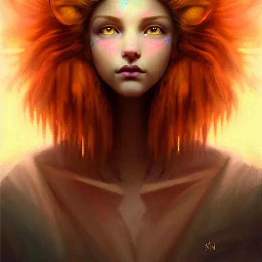 Image similar to Portrait of a girl angel with pale orange colored frizzy strands of illuminated hair, cat ears on her head, glowing halo, Lion's Mane, Lion's Gate, fantasy, intricate, elegant, highly detailed, digital painting, artstation, concept art, smooth, sharp focus, illustration, art by Krenz Cushart and Artem Demura and alphonse mucha