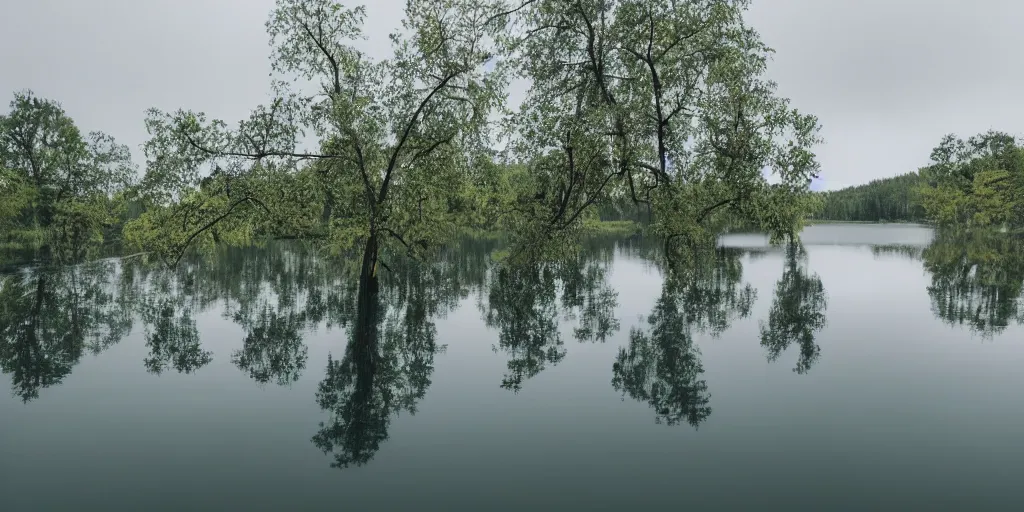 Prompt: centered photograph of an infinitely long rope zig zagging across the surface of the water, floating submerged rope stretching out towards the center of the lake, a dark lake on a cloudy day, color film, trees in the background, hyperedetailed photo, anamorphic lens