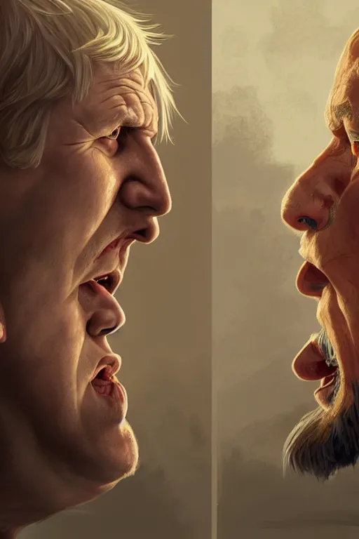 Image similar to aggressive Boris Johnson vs scared Putin, face to face staring, civil war style, highly detailed, digital painting, artstation, concept art, smooth, sharp focus, illustration, cinematic lighting, art by artgerm and greg rutkowski and alphonse mucha