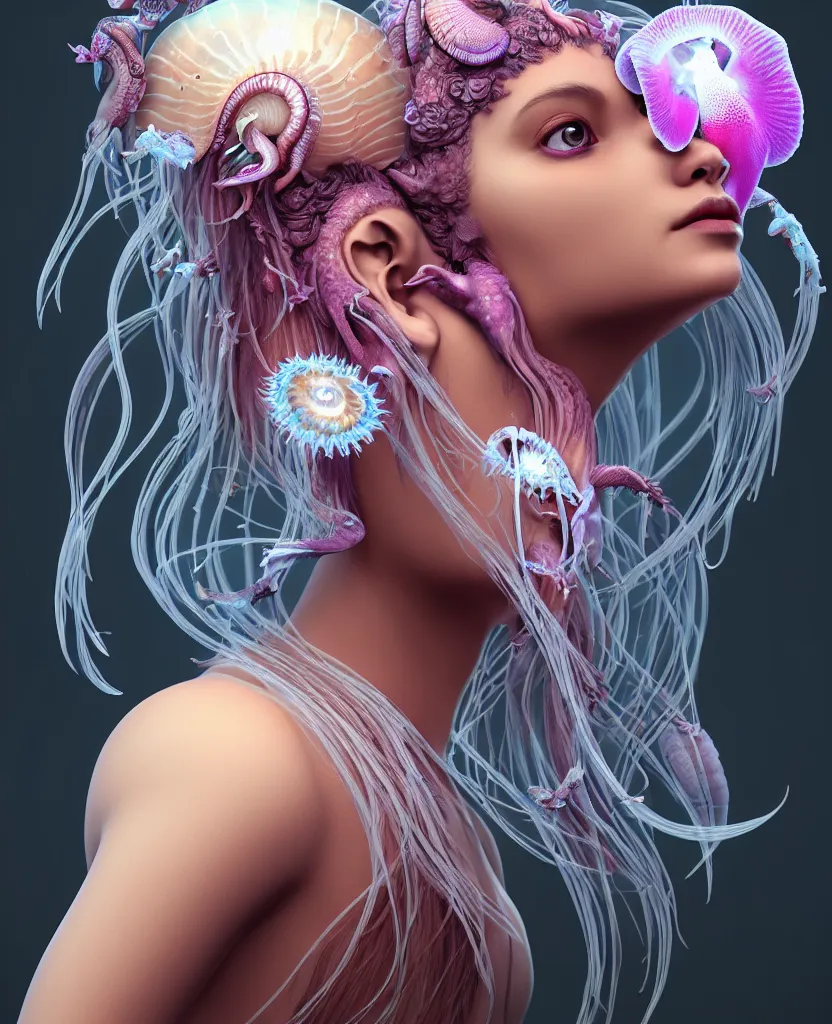 Image similar to goddess princess beautiful face close-up portrait ram skull zbrush sculpt. jellyfish phoenix head, nautilus, orchid, skull, betta fish, bioluminiscent creatures, intricate artwork by Tooth Wu and wlop and beeple. octane render, trending on artstation, greg rutkowski very coherent symmetrical artwork. cinematic, hyper realism, high detail, octane render, 8k