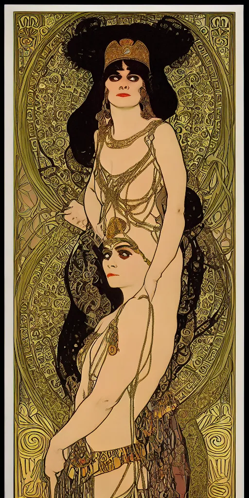 Image similar to realistic detailed Art Nouveau lithograph portrait of Theda Bara as Cleopatra in an elaborate costume by Alphonse Mucha, Gustav Klimt, and Leon Bakst