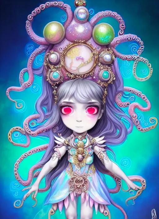 Prompt: A full body shot of a cute young magical girl wearing an ornate dress made of opals and tentacles. Chibi Monster GIrl. Subsurface Scattering. Dynamic Pose. Translucent Skin. Rainbow palette. defined facial features, symmetrical facial features. Opalescent surface. Soft Lighting. beautiful lighting. By Giger and Ruan Jia and Artgerm and WLOP and William-Adolphe Bouguereau. Photo real. Hyper-real. Fantasy Illustration. Sailor Moon hair. Masterpiece. trending on artstation, featured on pixiv, award winning, cinematic composition, dramatic pose, sharp, details, Hyper-detailed, HD, HDR, 4K, 8K.