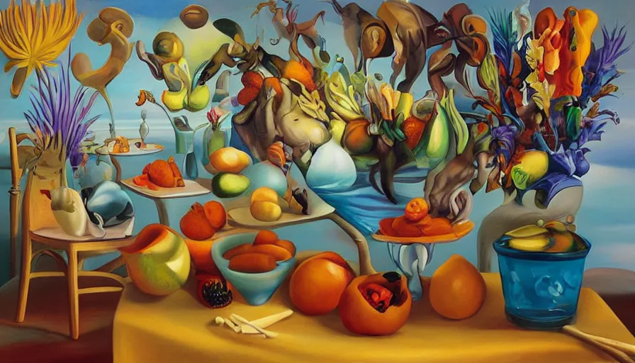 Prompt: RHADS, fever dream, Salvador Dali, fruit party, mural