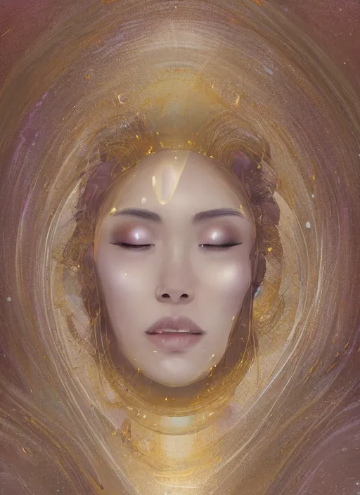 Image similar to portrait of beautiful celestial female Japanese Goddess exposed in cryo chambers wearing gold luxurious interstellar suit, rule of thirds, captivating, fair complexion, coherent face symmetry, face anatomy, relaxing at the rocks formed by water erosion, walls made of beautiful smooth sandstone light beams that shine, polish narrow slots of walls into a striated swirling finish, digital painting, concept art, smooth, sharp focus, from Star Trek 2021, illustration, by WLOP and Ruan Jia and Mandy Jurgens and William-Adolphe Bouguereau, Artgerm