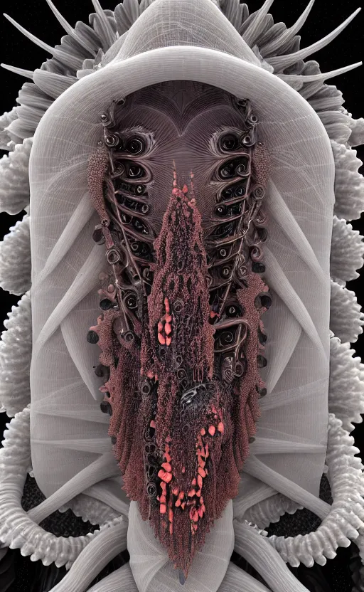 Image similar to gothic goddess intricate mask, eagle coral, jelly fish, mandelbulb 3 d, fractal flame, octane render, cyborg, biomechanical, futuristic, by ernst haeckel