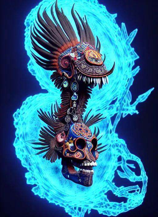 Image similar to 3 d shaman with tattoos profile portrait, sigma 5 0 0 mm f / 5. beautiful intricate highly detailed quetzalcoatl skull and feathers. bioluminescent, plasma, lava, ice, water, wind, creature, thunderstorm! artwork by tooth wu and wlop and beeple and greg rutkowski, 8 k trending on artstation,