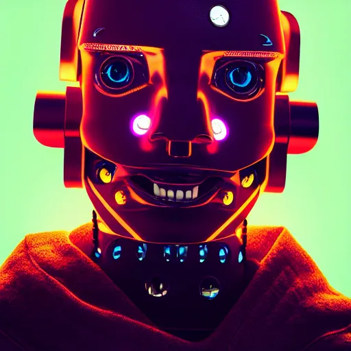 Prompt: portrait of a soundcloud robot rapper that full of face tattoos and grills in its teeth, minimalistic aesthetics, geometric figures, stunning photo, cinematic lighting, perfect composition, 8K, ultra-detailed , Trending on artstation, Octane render, Unreal Engine, highly detailed