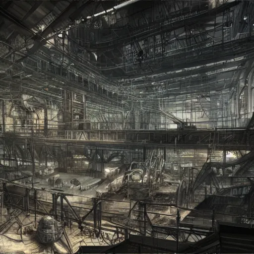 Prompt: immense industrial building interior filled with dark machines of skin bone and wires and arcane devices, hyperdetailed, matte painting