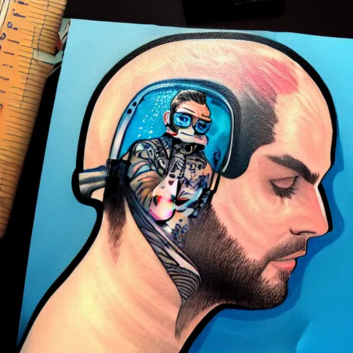 Image similar to a profile photo of a man with underwater helmet with tattoos on arm and neck, side profile in underwater, highly detailed, digital painting, artstation, illustration by Sandra Chevrier