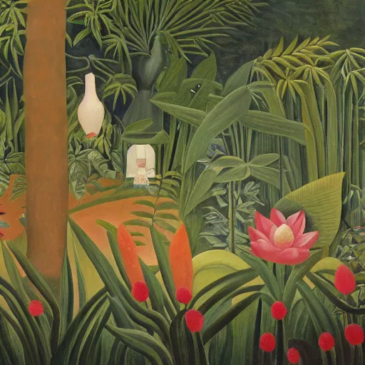 Prompt: fresco in naive art style by henri rousseau with dragon and lotuses, dark faded colors, highly detailed, unreal engine, photorealism