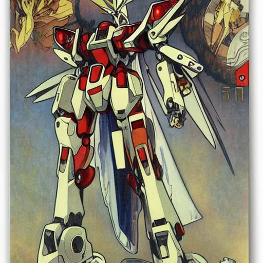 Image similar to anime manga mecha gundam robot portrait by Alphonse Mucha art nuevou