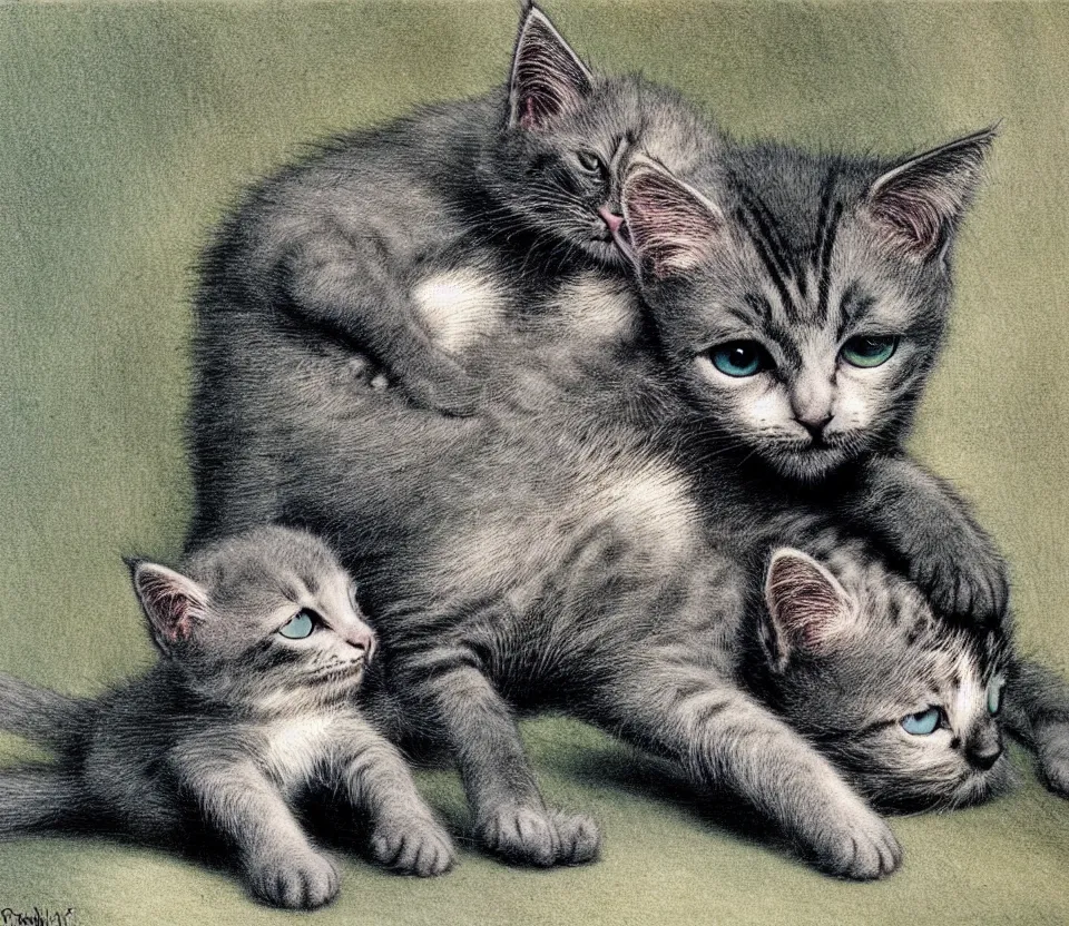 Prompt: grey kitten nursing from cat mother, franklin booth color