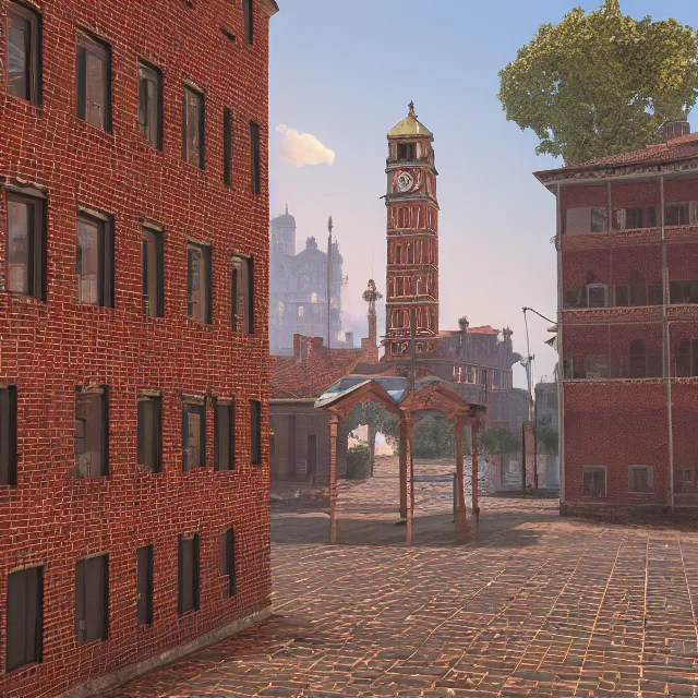 Image similar to georgian style brick clock tower colonial city with tall strange buildings, volumetric, realistic, cinematic lighting, ray tracing, unreal engine 5, octane render, hyper realistic, photo, 8 k