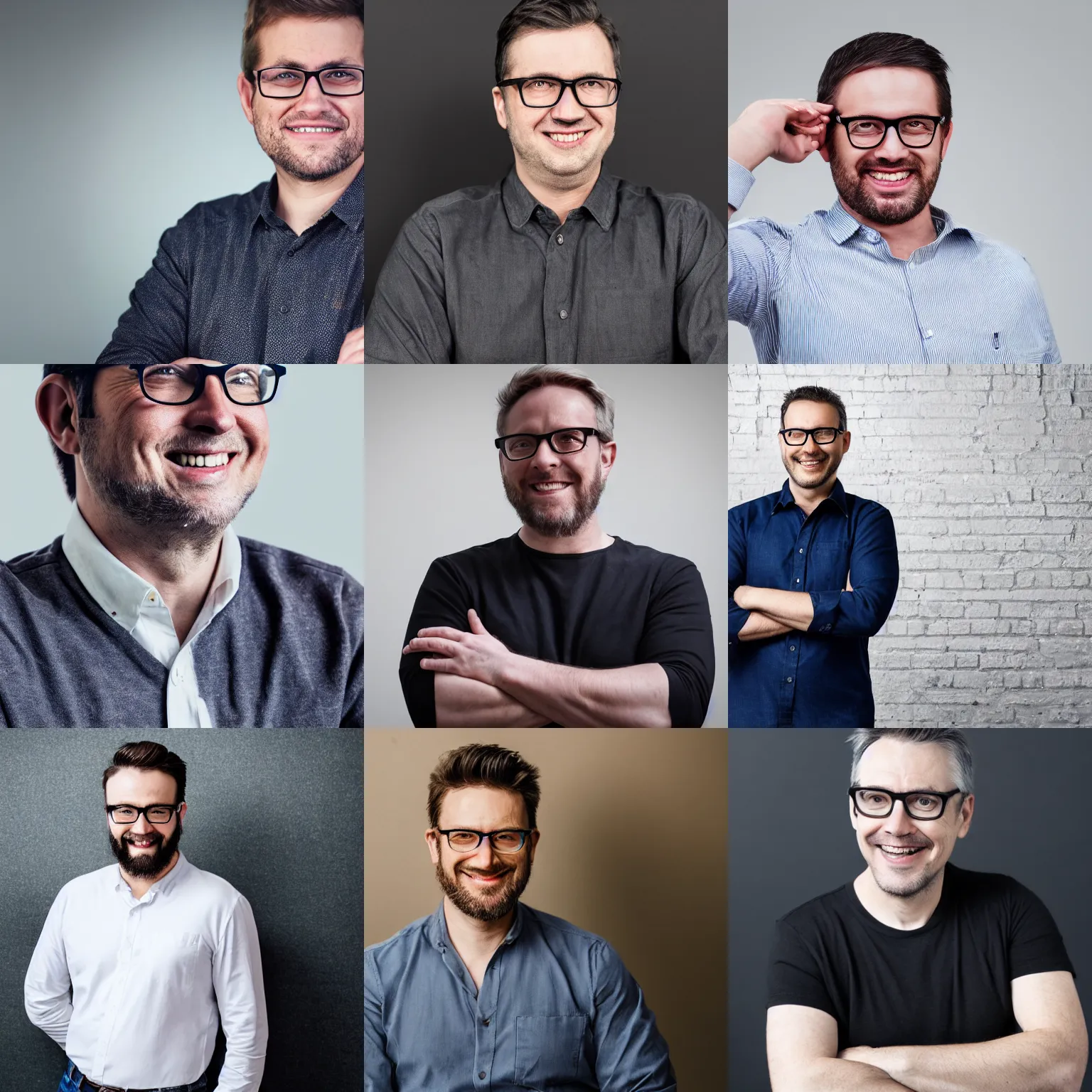 Prompt: a man with glasses, wearing a dark shirt and jeans, arms crossed, grinning like crazy, white background, professional portrait, promotional image, imax 0 mm footage, realistic, highly detailed