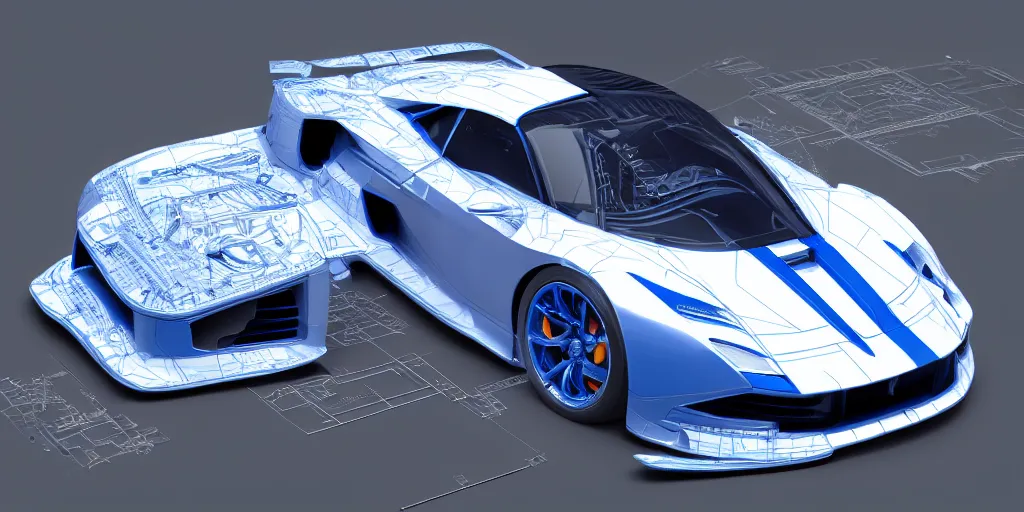 Image similar to highly detailed blueprint of a super car, layout, construction drawing, white paper, blue lines, 4 k, intricate, hyper realistic, octane render engine