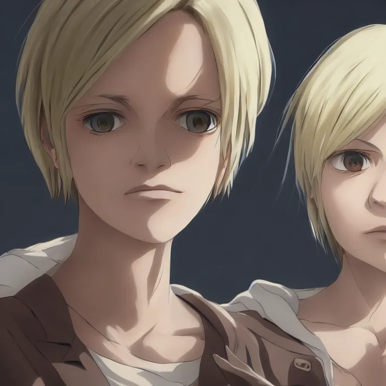 Prompt: solo portrait of beautiful annie leonhart, anime screenshot, attack on titan mappa studio artstyle, hyper realistic, pale skin, 4 k, rule of thirds, extreme detail, detailed drawing, trending artstation, hd, fantasy, realistic lighting, sharp focus, backlit