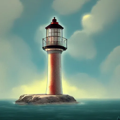 Image similar to beautiful cute cozy lighthouse by the sea, golden warm light, style of hayao miyazaki, digital art trending on artstation