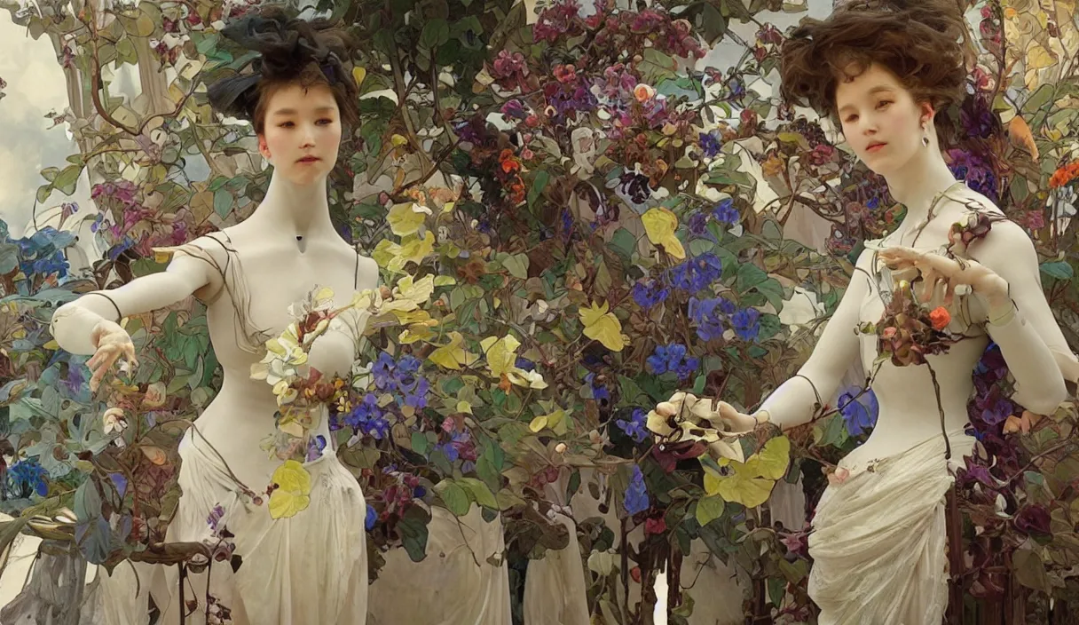 Image similar to Still of a humanoid robot creating art with painting, high detail, cinematic, art by tian zi and WLOP and alphonse mucha
