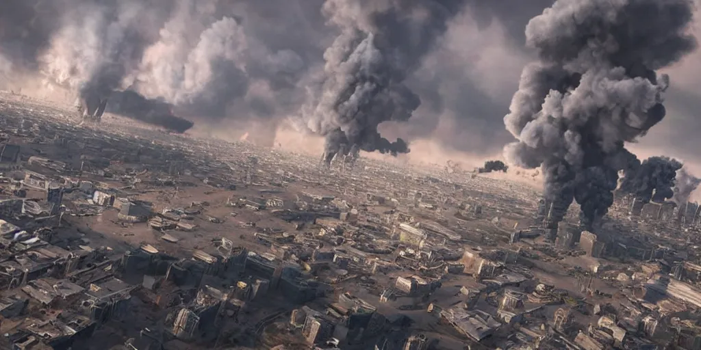 Image similar to the future of the human kind, bombs, pollution, deaths, 8k, ultra realistic