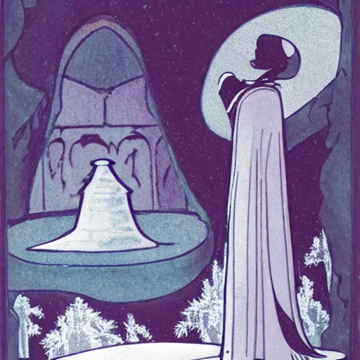 Image similar to a cloaked mage casting a magic spell from her hand toward an ice castle, art nouveau