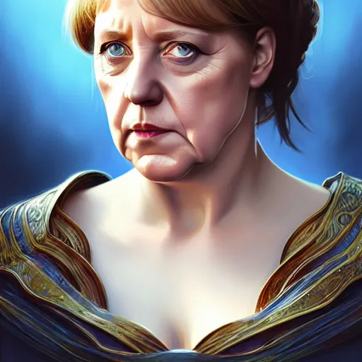 Image similar to Portrait of Angela Merkel, D&D, blue eyes, face, fantasy, intricate, elegant, highly detailed, digital painting, artstation, concept art, smooth, sharp focus, illustration, art by artgerm and greg rutkowski and alphonse mucha