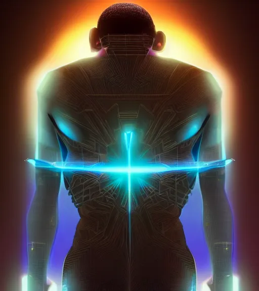 Image similar to symmetry!! egyptian prince of technology, solid cube of light, hard edges, product render retro - futuristic poster scifi, lasers and neon circuits, brown skin man egyptian prince, intricate, elegant, highly detailed, digital painting, artstation, concept art, smooth, sharp focus, illustration, dreamlike, art by artgerm