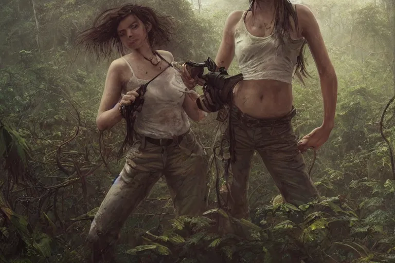 Image similar to artstation concept of a beautiful adventurous girl holding a machine pistol, sweaty skin, symmetrical face, high body detail, ripped up field fatigues, torn open shirt, jungle background with ruins, vines, hyperdetailed, artstation trending, world renowned artists, worth1000.com, cgsociety, by greg rutkowski, by Gustave Doré, by Marco Turini, by Artgerm, Deviantart in the style of Tom Bagshaw, Cedric Peyravernay, Peter Mohrbacher