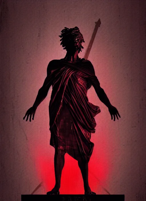 Image similar to dark design poster showing a greco roman statue, death, black background with very subtle red and purple design elements, powerful, nekro, vito acconci, thin straight lines, dark, glitch art, neo vaporwave, gritty, layout frame, square, trending on artstation