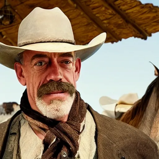 Prompt: j. k. simmons!!!!!!! as a cowboy with a moustache, western movie, movie still