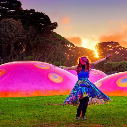 Prompt: a full body portrait of a beautiful hippie girl dancing in golden gate park at sunset, giant psychedelic mushrooms in the background,