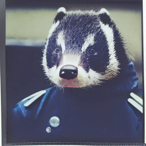 Image similar to 90s retro polaroid photo of a handsome old badger wearing a leather jacket on a gloomy day in the city, image artifacts