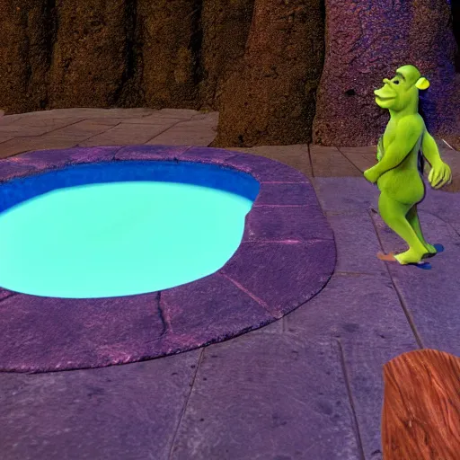 Image similar to shrek in a liminal space pool