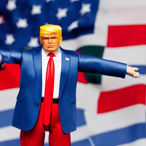 Image similar to a toy figure of donald trump holding usa flag