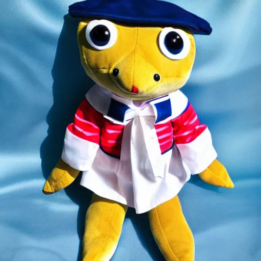 Image similar to stuffed animal frog wearing a sailor suit, plushie photography,