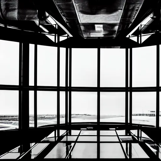 Image similar to inside of an aircraft control tower with windows looking out to an airport, black and white, comic book style, insanely detailed, very intricate, high contrast