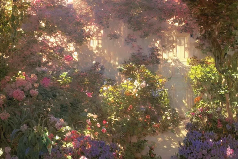 Image similar to a beautiful painting of a garden, ray of light, warm, shimmering and prismatic, rococo, by krenz cushart and mucha and monet, trending on artstation.