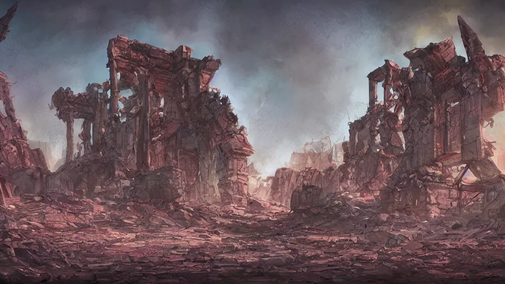 Image similar to an apocalyptic ruins in mars, pastel, colorful, bright, cartoony, digital art