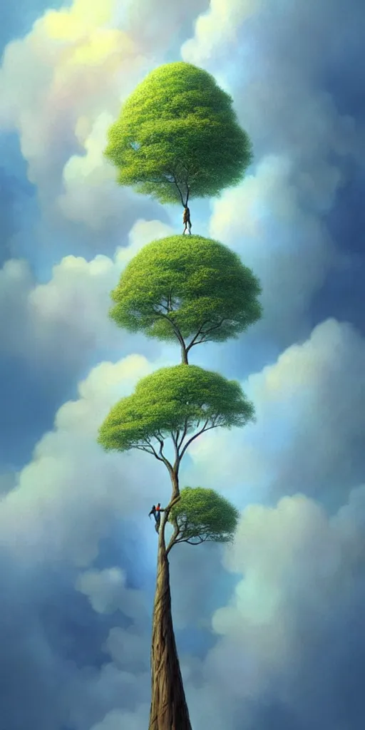 Prompt: a thin tree that reaches the clouds, low angle, ant perspective, fantasy digital painting by artgerm and leyendecker, surreal, photorealistic