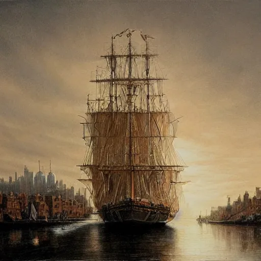 Prompt: by john howe in the usa, chiaroscuro bold. a print of a tall ship sailing through a cityscape. the ship is adorned with intricate details, while the cityscape is filled with towering palaces & other grand buildings.