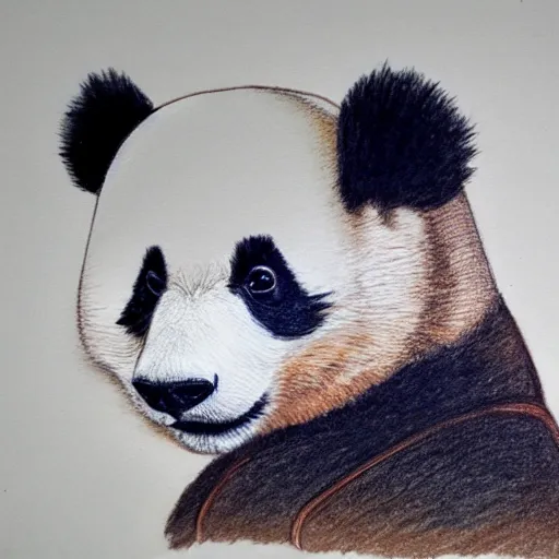 Prompt: a panda in a brown leather jacket riding a motorbike, modernism, colored pencil sketch, 8 k, ultra detailed