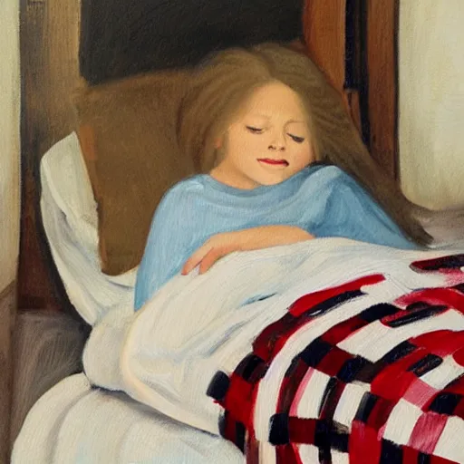 Prompt: an oil painting of a young boy with long blonde hair sleeping in bed with a checkered comforter