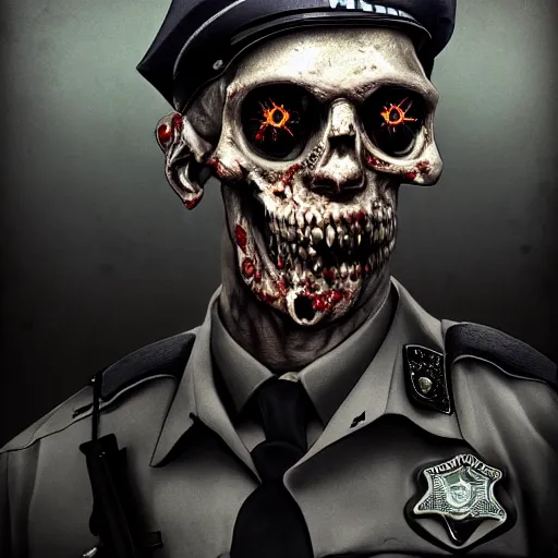 Image similar to zombie officer driving a police car made of human remains, dark, eerie, despair, portrait photography, artstation, digital art, concept art, artstation, highly detailed, sharp focus, by caravaggio