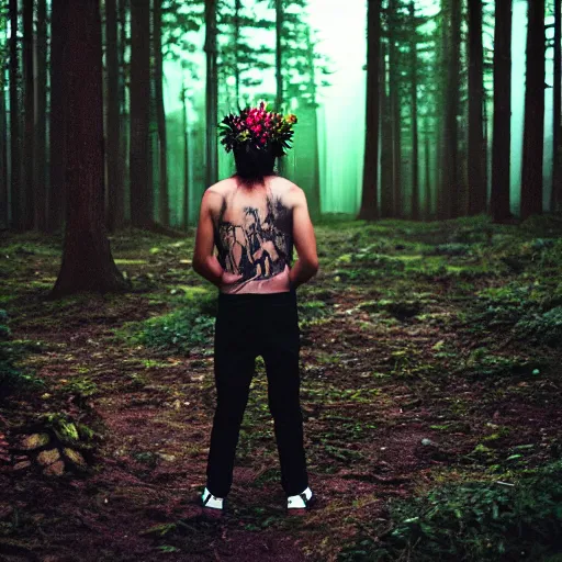 Prompt: kodak portra 4 0 0 photograph of a skinny goth guy standing in a dark forest, back view, flower crown, moody lighting, telephoto, 9 0 s vibe, blurry background, vaporwave colors, faded!,