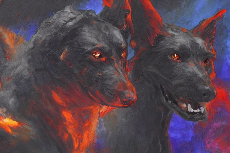 Prompt: polyhalite hellhound,art by Wayne Reynolds and Alicia Austin,trending on artstation, full lighting first-person view,closeup,Sabattier effect ,cubism ,expressionism ,dark academia ,