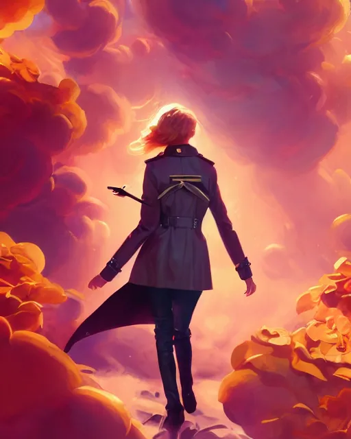 Image similar to taylor swift wearing fashionable trench coat, auburn flower storm, volumetric lighting, jesper ejsing, artgerm, petros afshar, tom whalen