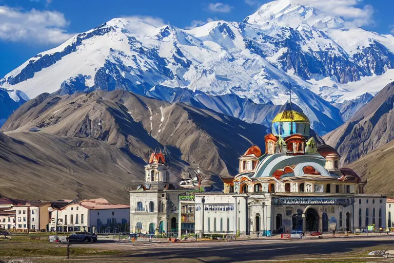 Image similar to architecture photo modern fachwerk opera building settlement with Elbrus mountain on the background, architecture, photorealism 8k , shining and happy atmosphere, uplight, high details